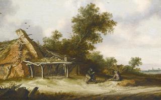 Two seated travellers conversing beside a sandy road in front of a ruined barn