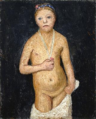 Little standing girl nude with necklace and rose