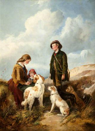 一男一女带着猎犬