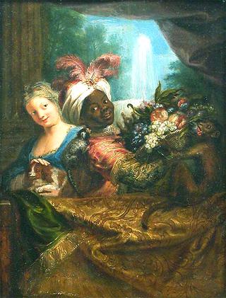Young Black Girl Holding a Fruit Basket and Young Girl Holding a Dog
