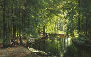 A stream in the spring woods with two women in a rowing boat.