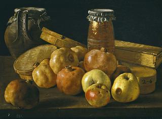 Still Life with Pomegranates, Apples, Jars and Boxes