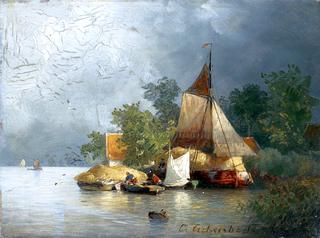 River Landscape with Barges