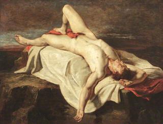 岩石上男性裸体躺在裹尸布上的学术习作