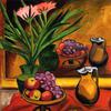有镜子的静物画：蜜饯、水果和水壶