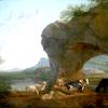 意大利风景，一个牧民，三只羊和两头牛在石拱下