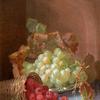 葡萄和覆盆子从篮子里洒出来的静物画