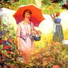 花园里带阳伞的粉红女士