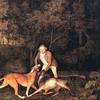 林子里的一个公园场景：弗里曼，克拉伦登伯爵的猎场看守人，带着一只垂死的母鹿和一只