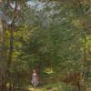 米斯特罗伊的夏森林和一个穿着紫色裙子的年轻女人
