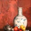 静物画：瓷碟苹果、青花花瓶、银糖碗