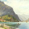 Mountain scenery with houses and boats at Lago di Garda