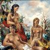 三个裸体的女人在一个风景中
