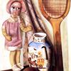 玩偶和网球拍的静物画