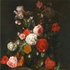 在大理石架子上的玻璃花瓶里有玫瑰花、罂粟花、百合花和其他花的静物画