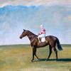 一种海湾赛马，骑师向上，有粉红色和白色条纹，在风景中