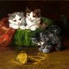 三只小猫拿着一团纱线