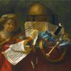 管、球、法国序曲和小提琴的雕刻乐谱的静物