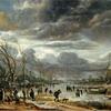 一幅冬季的风景画，画中的人物在冰冻的河面上搏斗