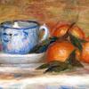 静物画：橘子和茶杯