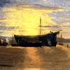日落，黑斯廷斯：搁浅的渔船