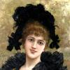 一位身穿黑色连衣裙、头戴向日葵的年轻女士的画像