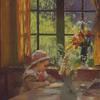 一个戴帽子的年轻女孩在窗边看书