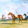 “快乐的笑声”，一匹栗色赛马，骑师站在一片风景中
