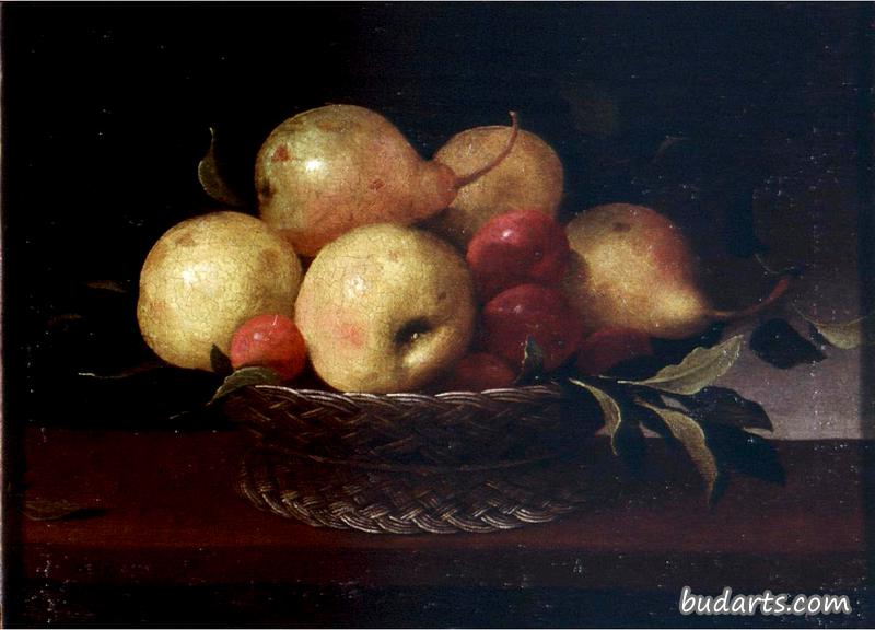 篮子里的梨、李子和苹果的静物生活