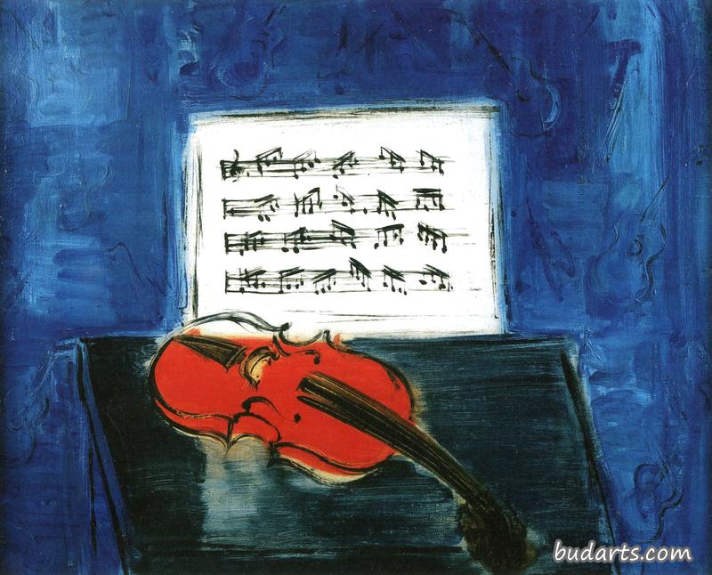 蓝色背景上的红色小提琴