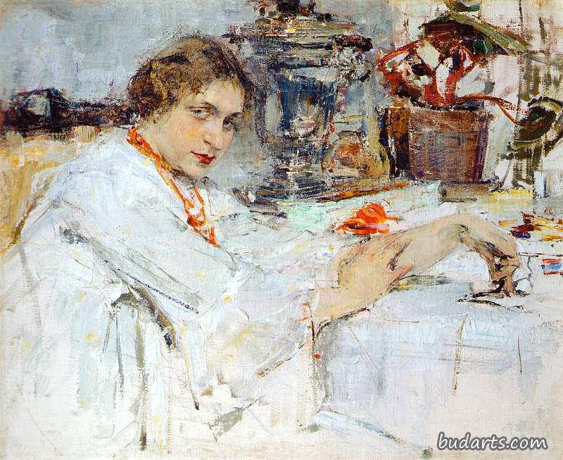  亚塞涅娃在茶炊旁的自画像