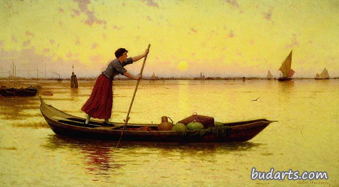 欧洲场景，女孩撑船