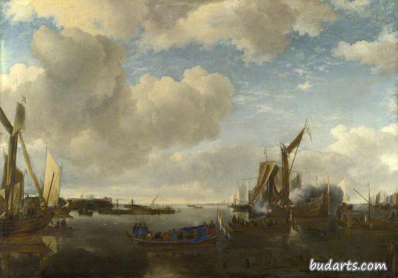两艘驳船驶离时，一艘荷兰游艇鸣响礼炮的河景
