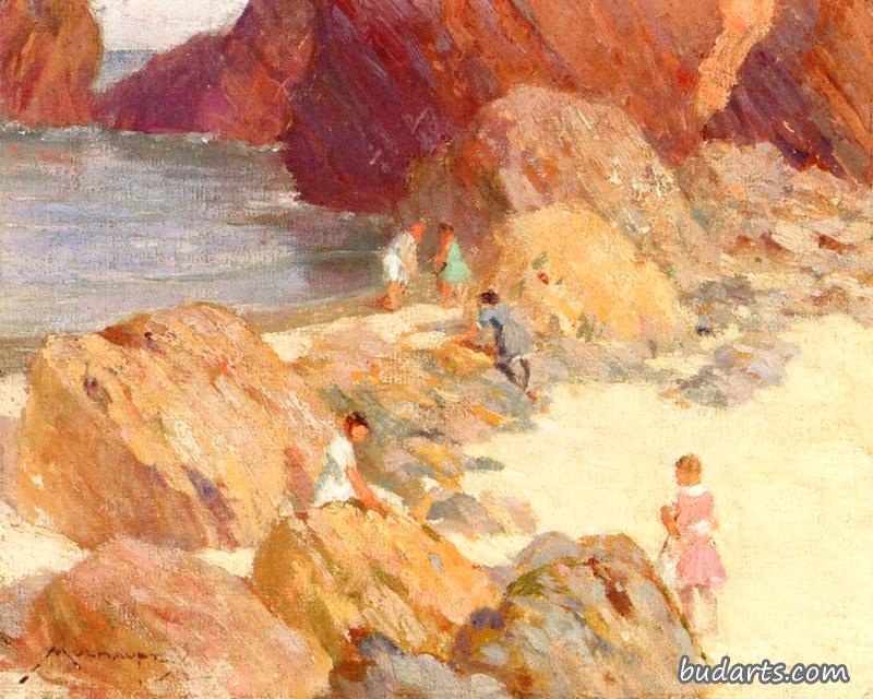岩石海岸上的孩子们