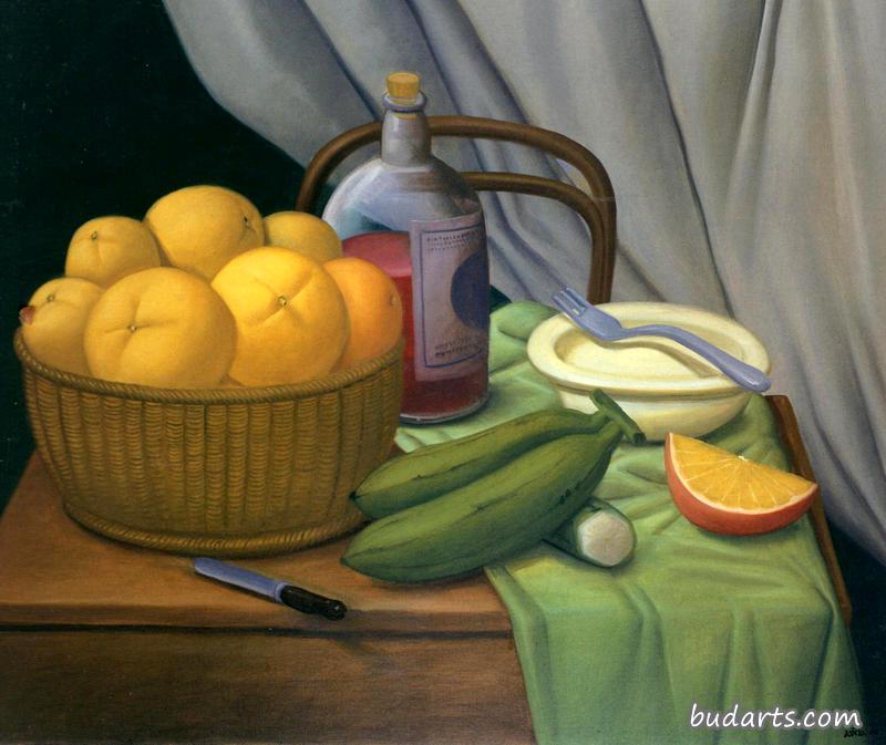 still life with fruit and bottle
