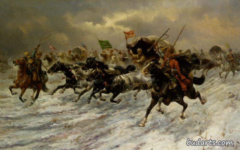 俄国骑兵冲进战场