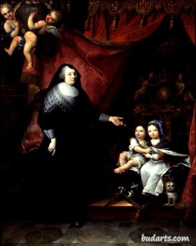 年轻的路易十四和他的兄弟菲利普以及他的家庭教师兰萨克夫人