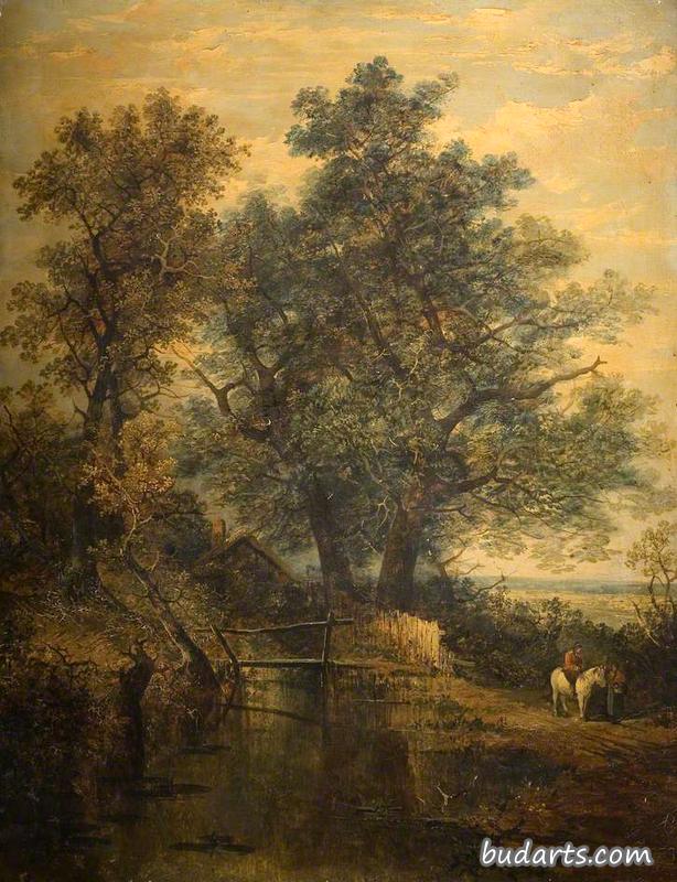 风景中的小溪、桥、树和两个人