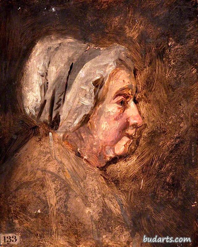 一个戴帽子的老妇人的头，侧面右侧