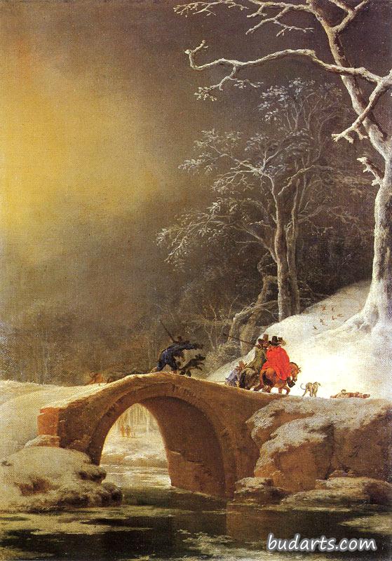桥上有猎人的冬季景观