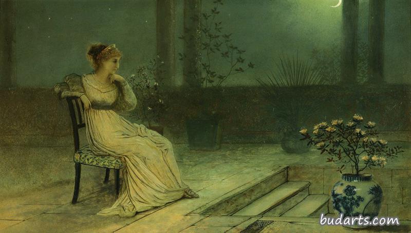 月光下坐在露台上的古典少女