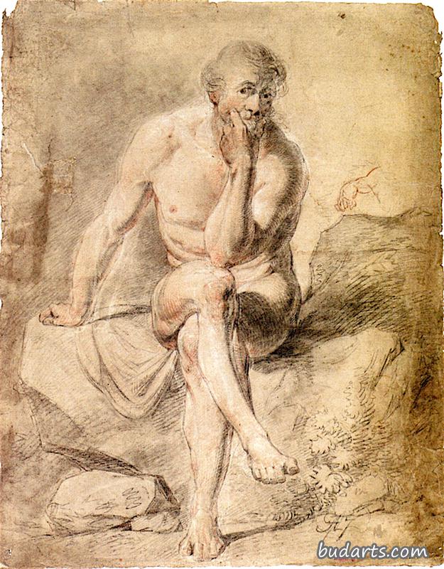 男性裸体，盘腿坐在岩石上，手托下巴