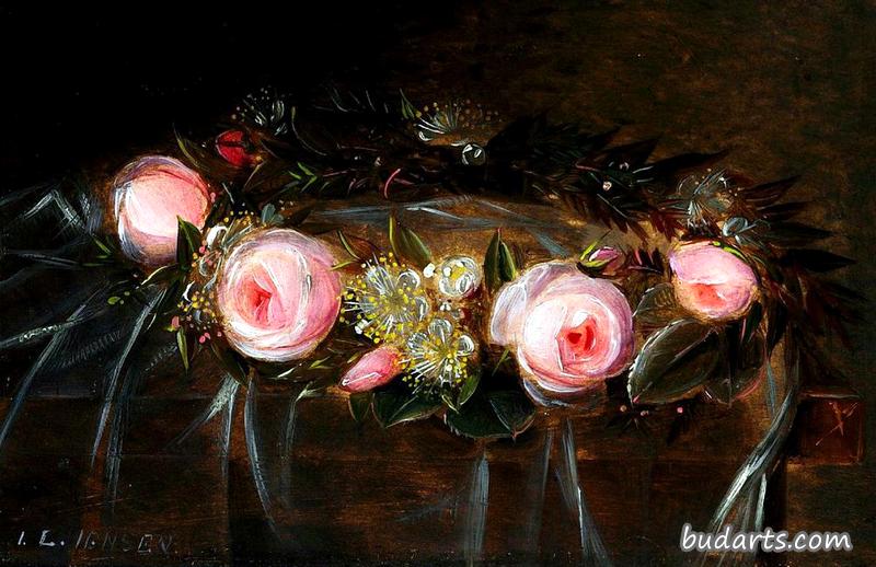 粉红玫瑰和桃金娘的花环