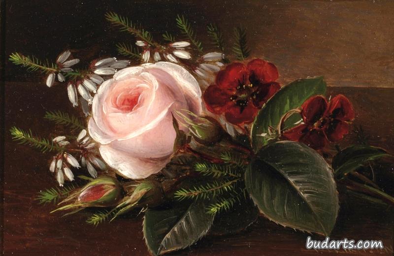 木窗台上的粉红玫瑰和罂粟花