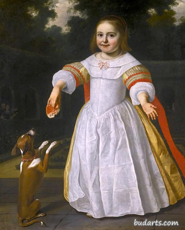 一个带面包和狗的女孩的画像
