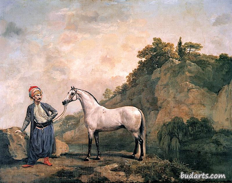 安卡斯特公爵的灰色土耳其马和土耳其新郎在克雷斯韦尔峭壁