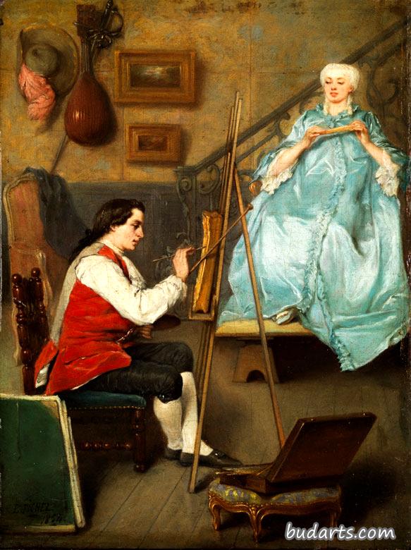 年轻画家描绘一个穿蓝色丝绸衣服的年轻女子