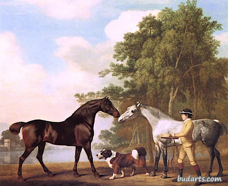 两个猎人带着一个小马驹和一条狗