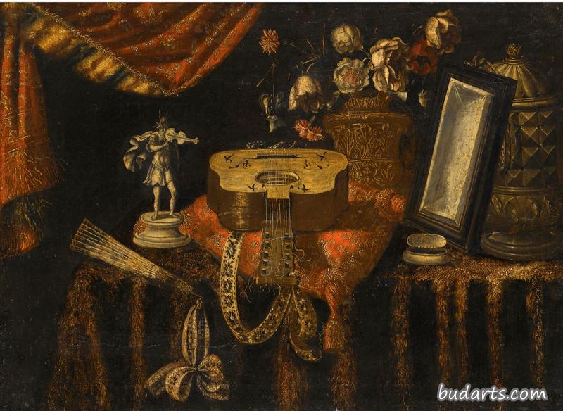 A still life with a guitar, a fan, a statuette of a violinist, a snuff box, a mirror and flowers, all on a draped table