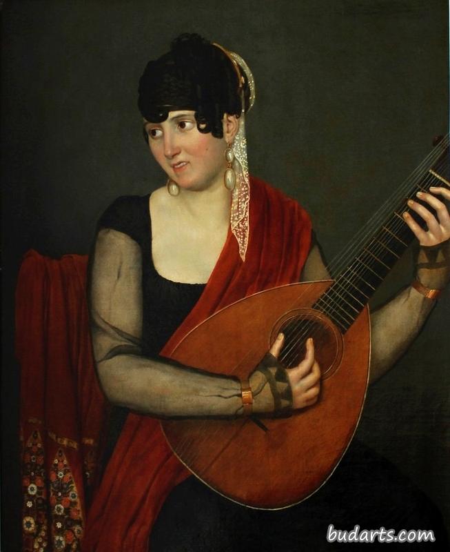 一位年轻女士弹奏琵琶的画像